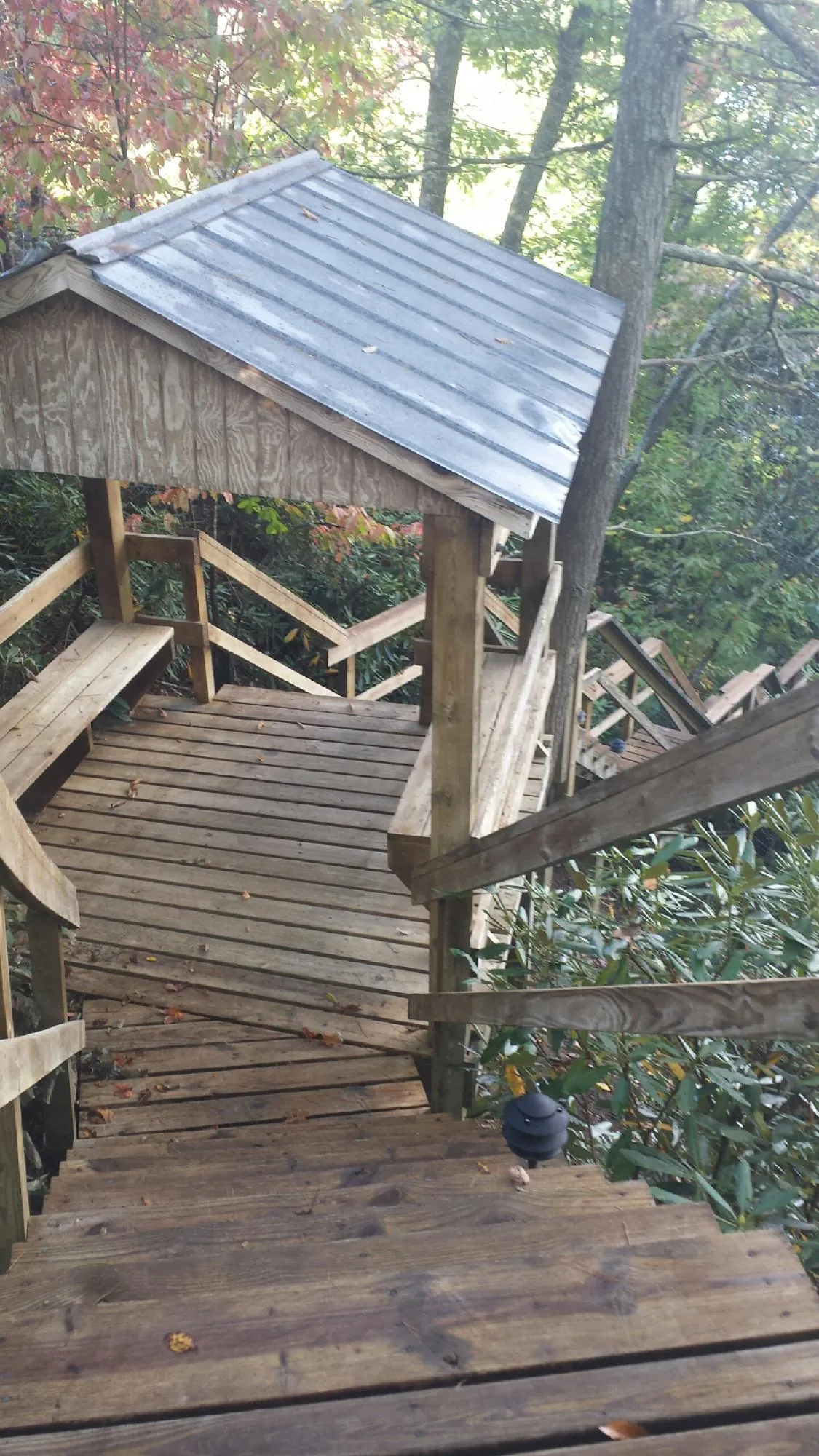 Metal roofed shelter over wooden steps on a wooded walkway — Skylight Repair & Installation work by our crew in Liberty Center